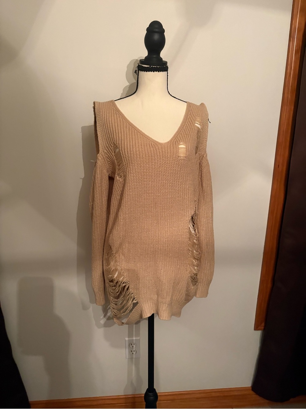 Fashion Nova Distressed Cold-Shoulder V-Neck Sweater in Tan